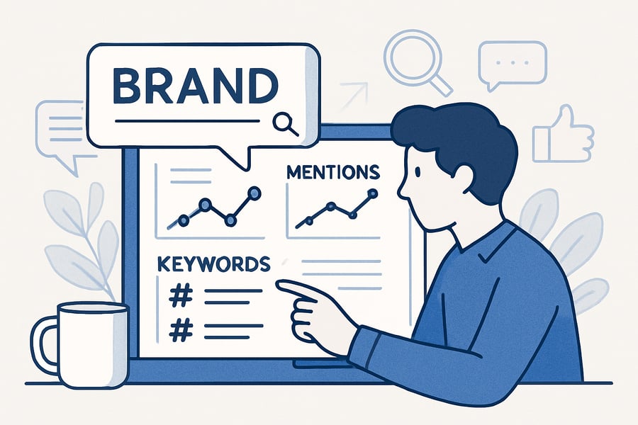 Illustration of a marketer analyzing brand mentions and keywords online